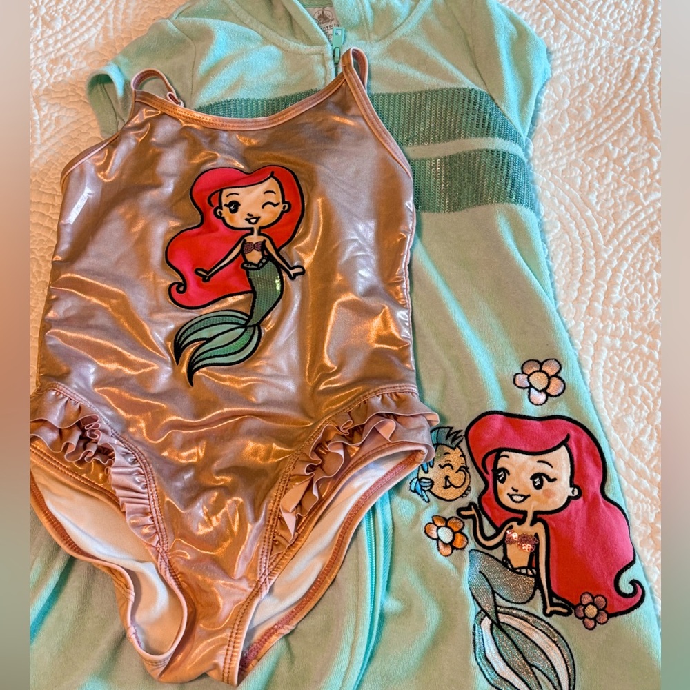 Disney Green and Pink Mermaid Swimsuit and Cover-up Set - Girl Size 7/8